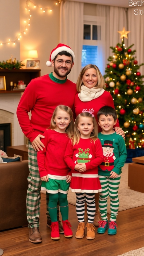 A family of four in festive Christmas outfits, smiling in front of a decorated tree.